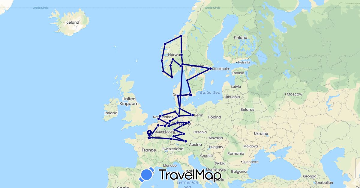 TravelMap itinerary: driving in Belgium, Germany, Denmark, France, Netherlands, Norway, Sweden (Europe)